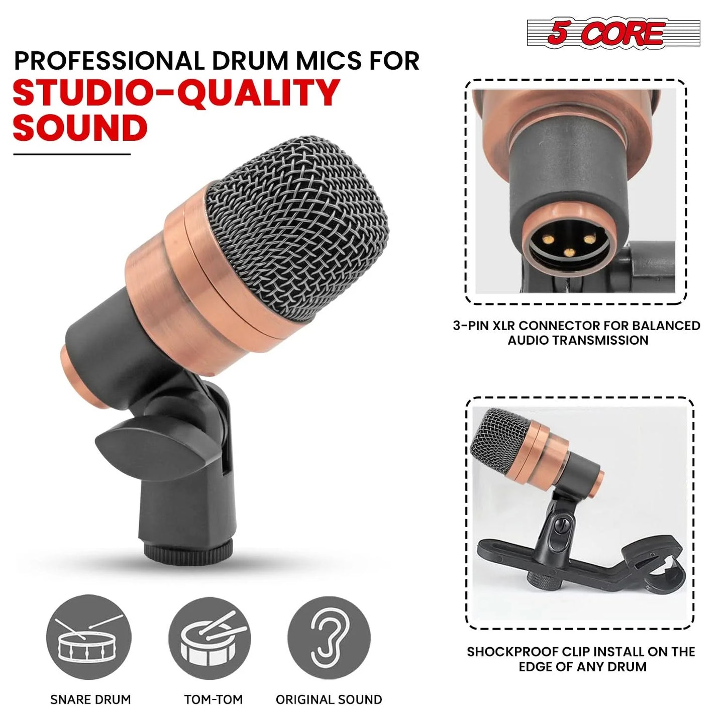 5Core Conga Mic Snare Tom Microphone Drum Kit Condenser XLR Instrument Mics Copper XP