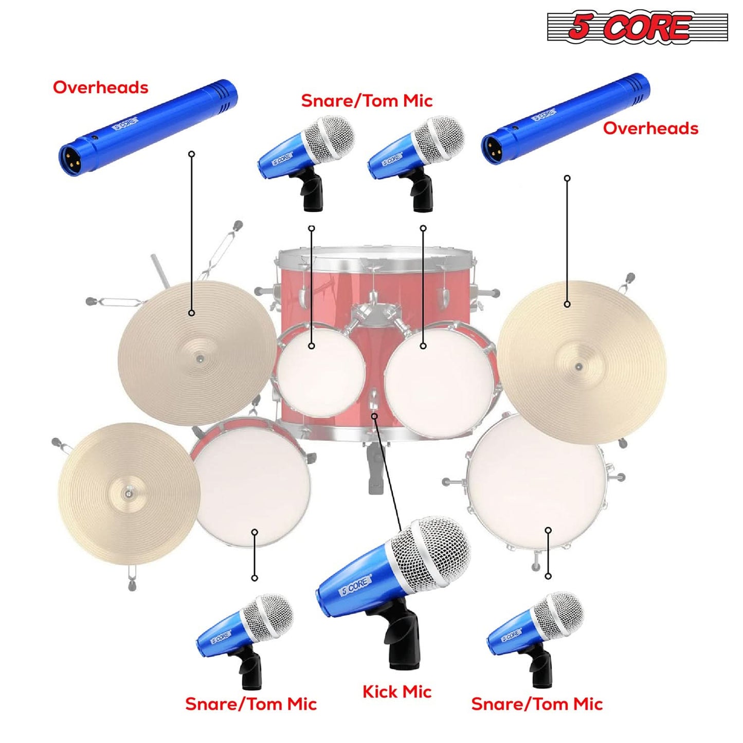 5Core Drum Mic Kit 7 Pcs Kick Basstom Snare Dynamic Mics Instrument Microphone Set BLUE