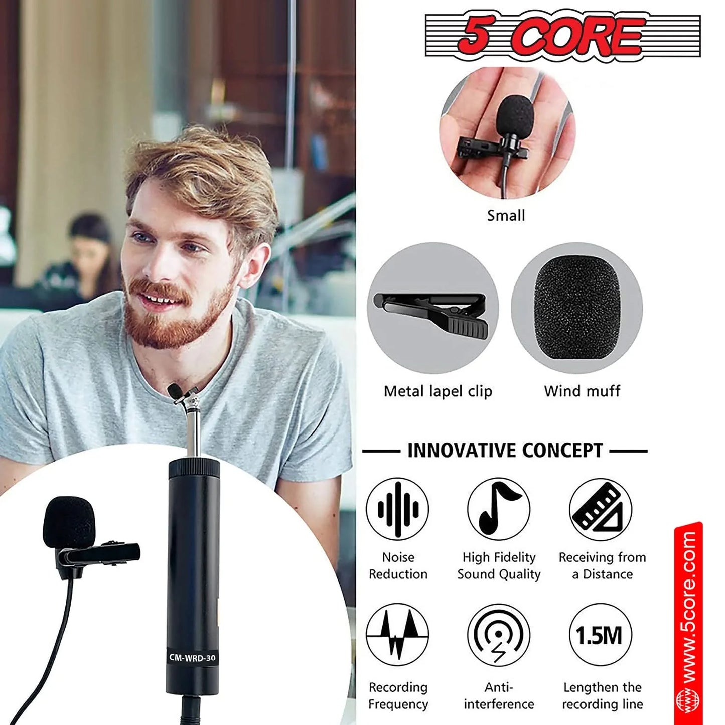 5Core Lavalier Microphone Professional Tiny Shirt Clip on Lapel Mic Mini Wearable Microfono