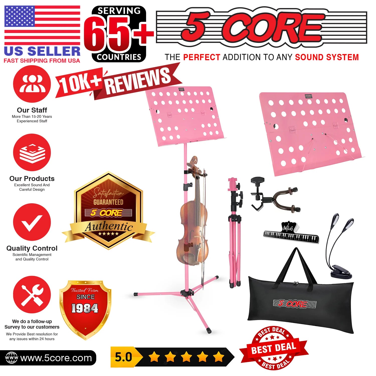 5Core Music Stand for Sheet Music Portable Tripod Adjustable Folding Note Holder PINK