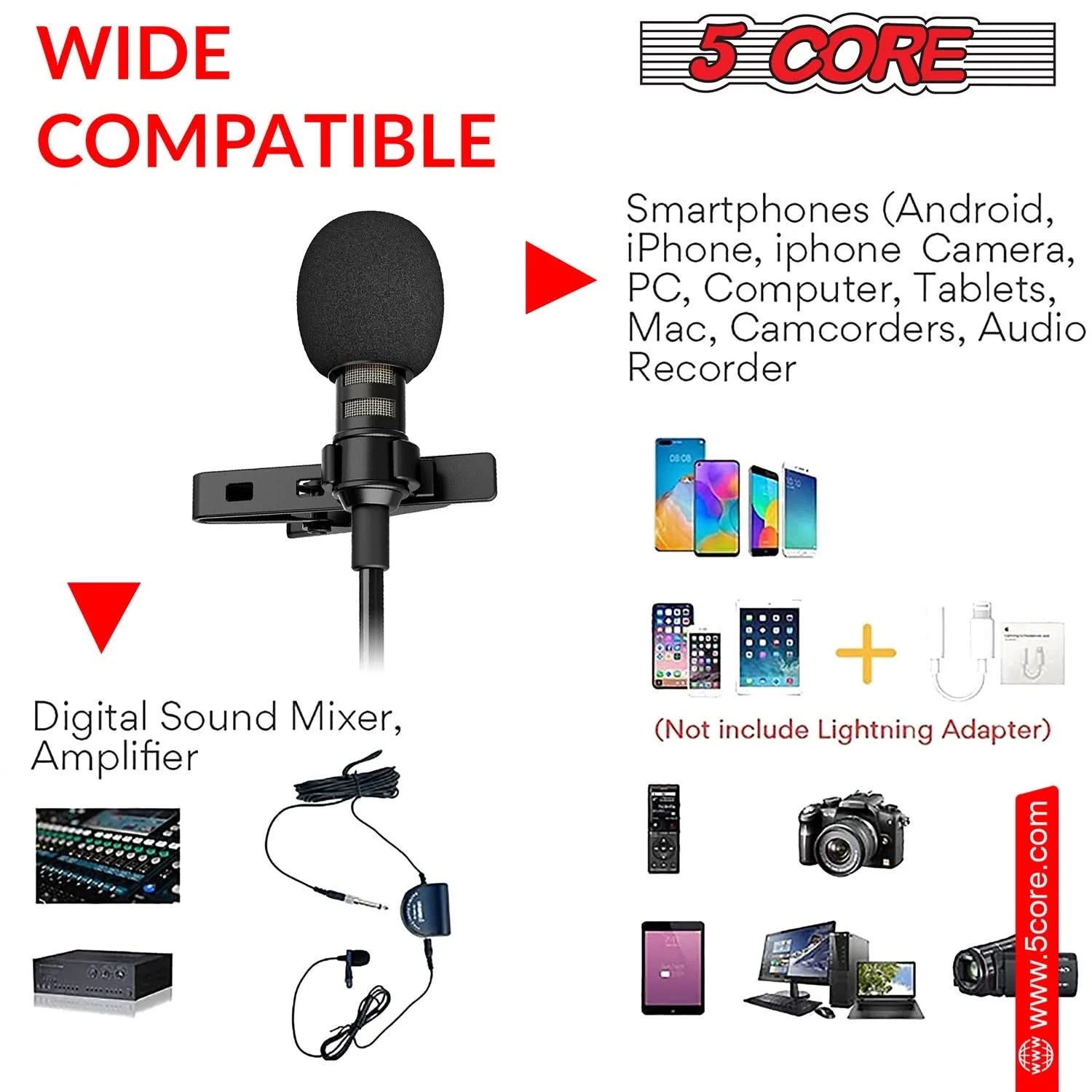 5Core Lavalier Microphone Clip on Professional Grade 3.5Mm Lav Lapel Mic Omnidirectional