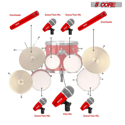 5Core Drum Mic Kit 7 Pcs Kick Basstom Snare Dynamic Mics Instrument Microphone Set RED