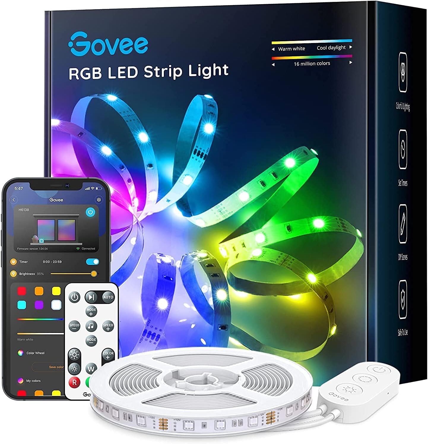 16.4Ft Color Changing LED Strip Lights, Bluetooth LED Lights with App Control, Remote, Control Box, 64 Scenes and Music Sync Lights for Bedroom, Room, Kitchen, Party