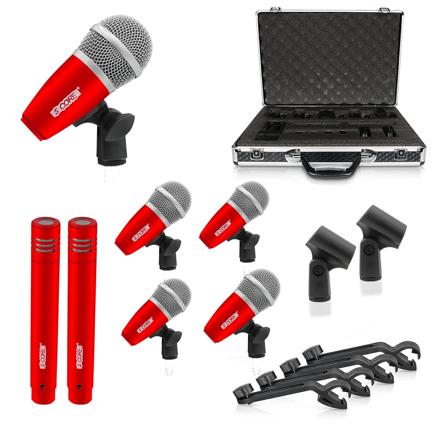 5Core Drum Mic Kit 7 Pcs Kick Basstom Snare Dynamic Mics Instrument Microphone Set RED