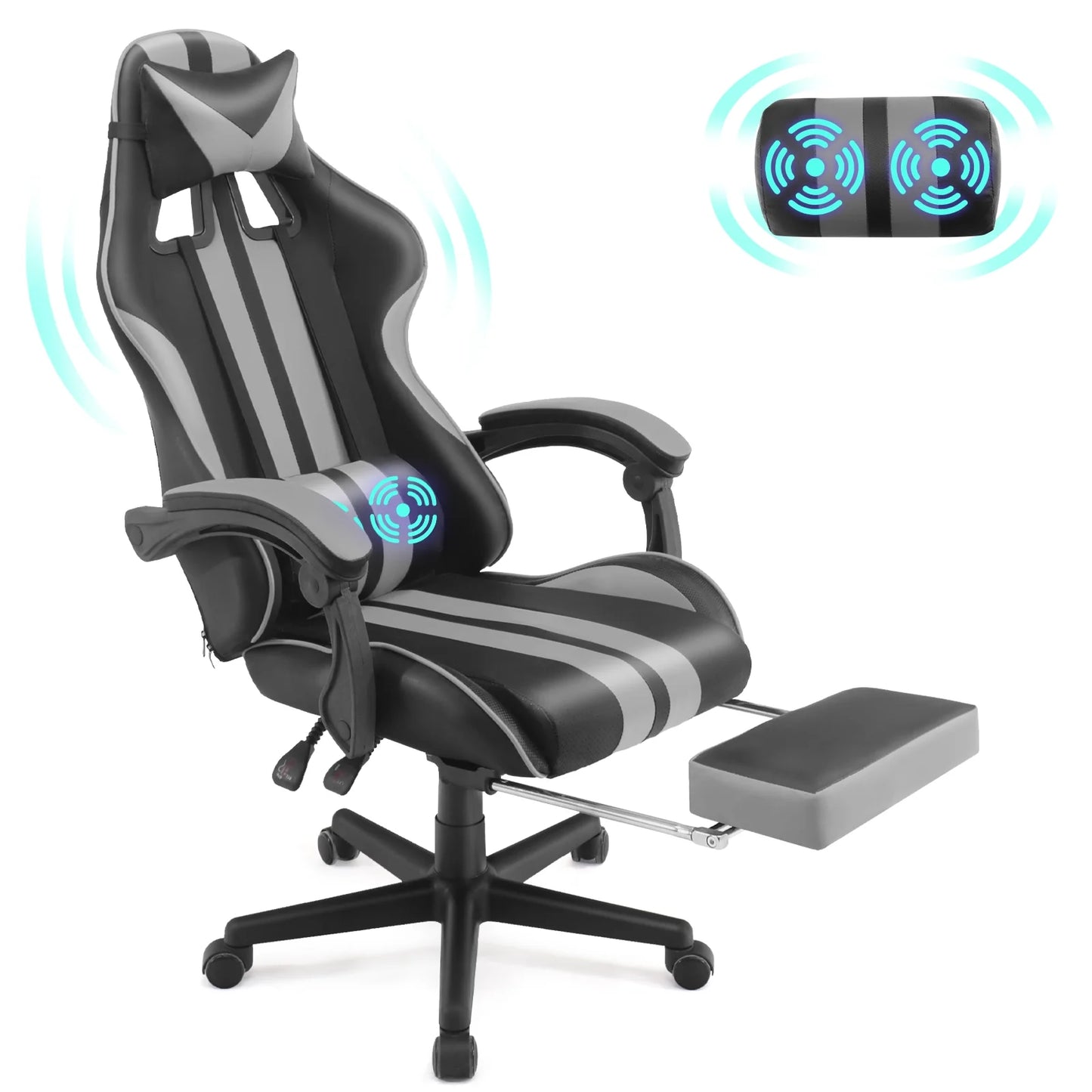 Gaming Chair Office Chair, Massage Game Gamer Chairs with Footrest & Headrest & Lumbar Pillow, Reclining Swivel Leather Chairs, Grey