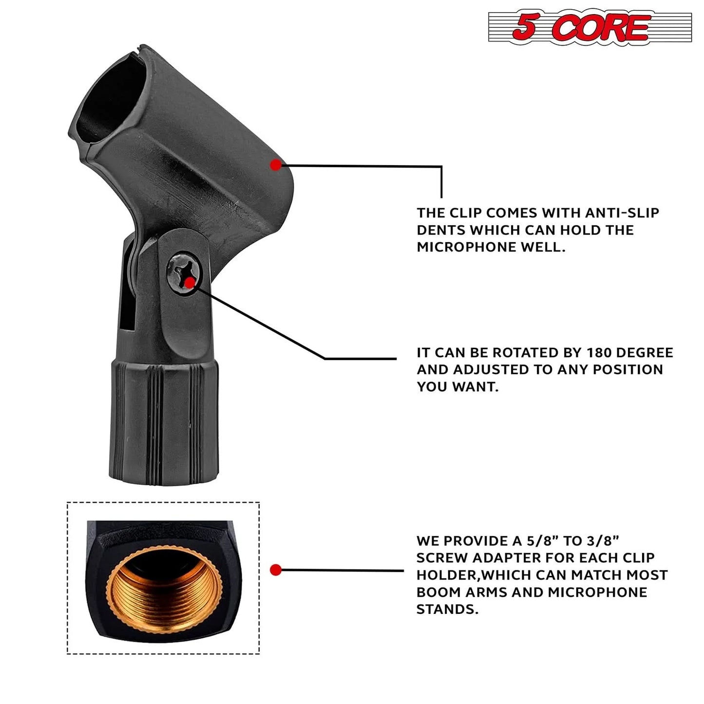5 Core Microphone Clip Holder 4 Pieces with Screw Adapters 5/8 to 3/8 Inch