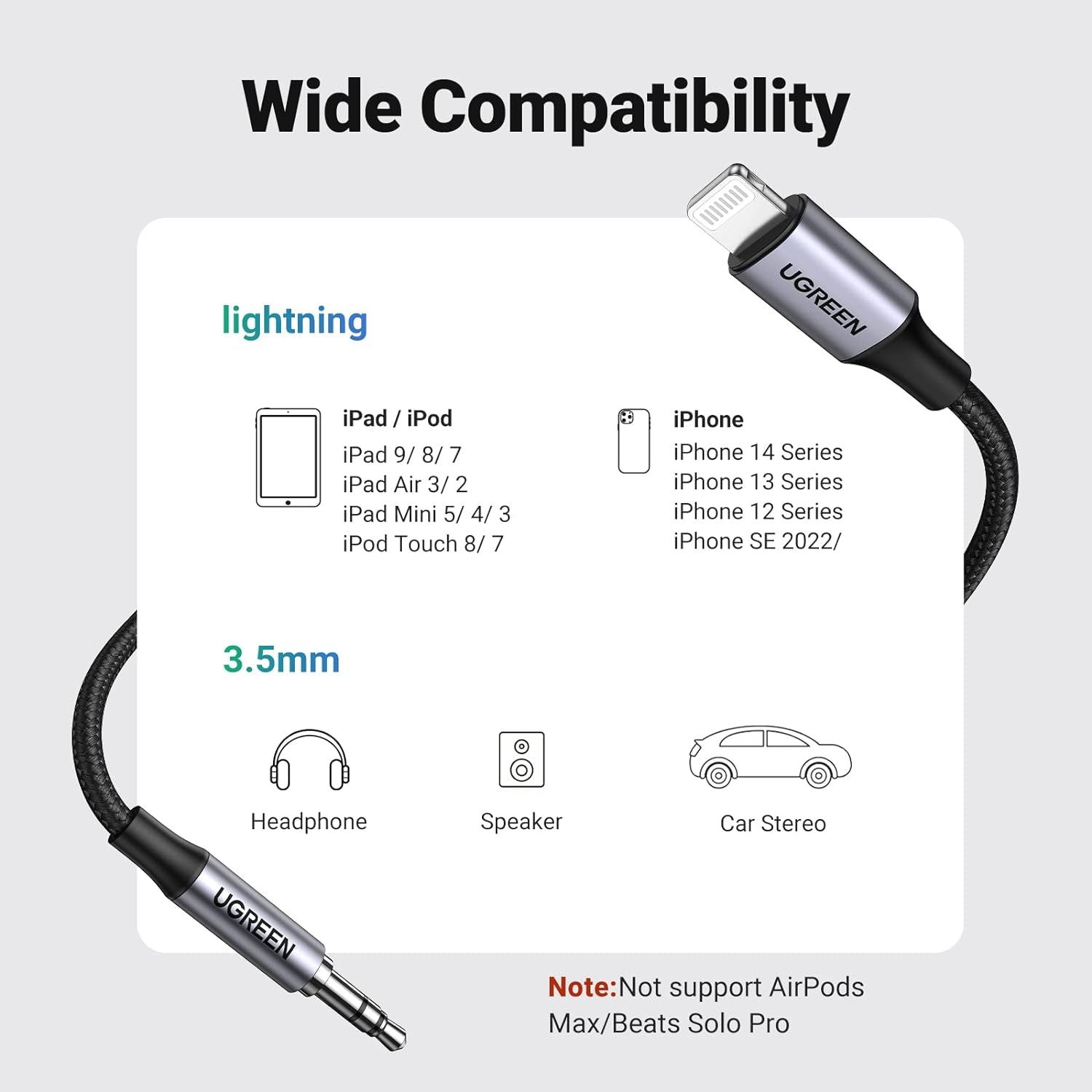 Aux Cord for Iphone Aux to Lightning Cable for Car Adapter Mfi Certified Lightning 3.5Mm Headphone Male Audio Jack Compatible with Iphone 14 Pro Max/13 12 11 Pro Max/12 11 XR SE/8 Plus, 3.3FT