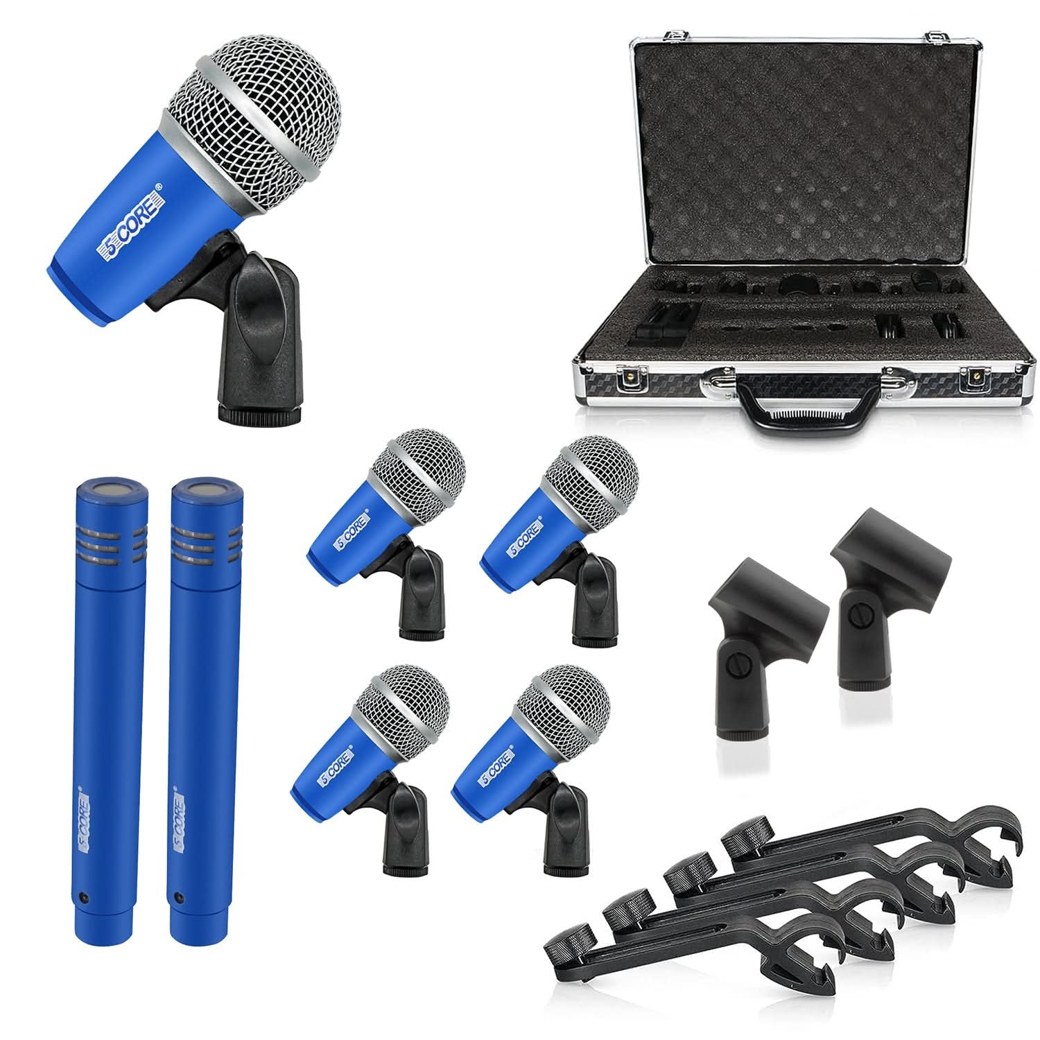 5Core Drum Mic Kit 7 Pcs Kick Basstom Snare Dynamic Mics Instrument Microphone Set BLUE