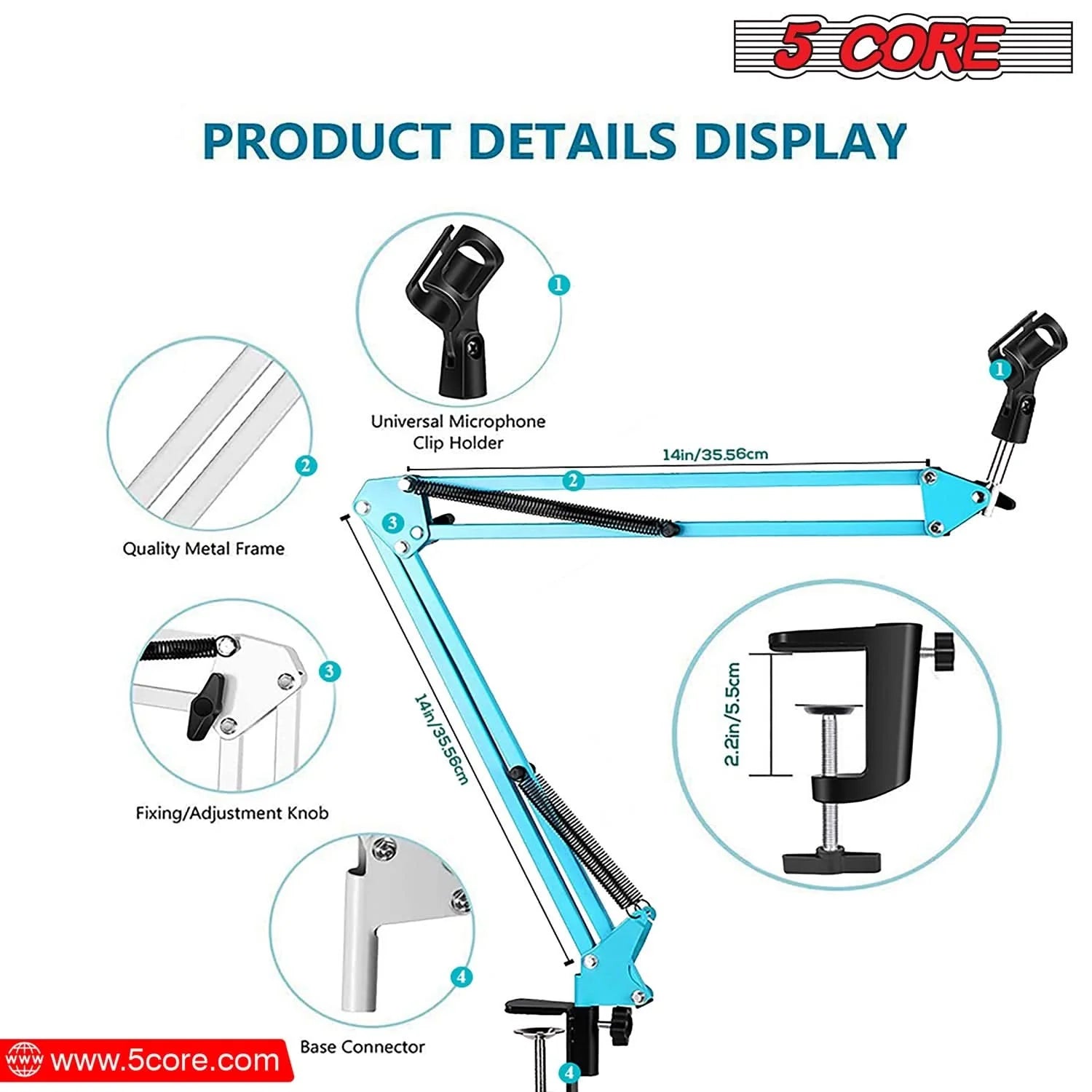 5Core Microphone Boom Arm Desk Mic Stand Adjustable Clamp Suspension Boom Stands BLUE