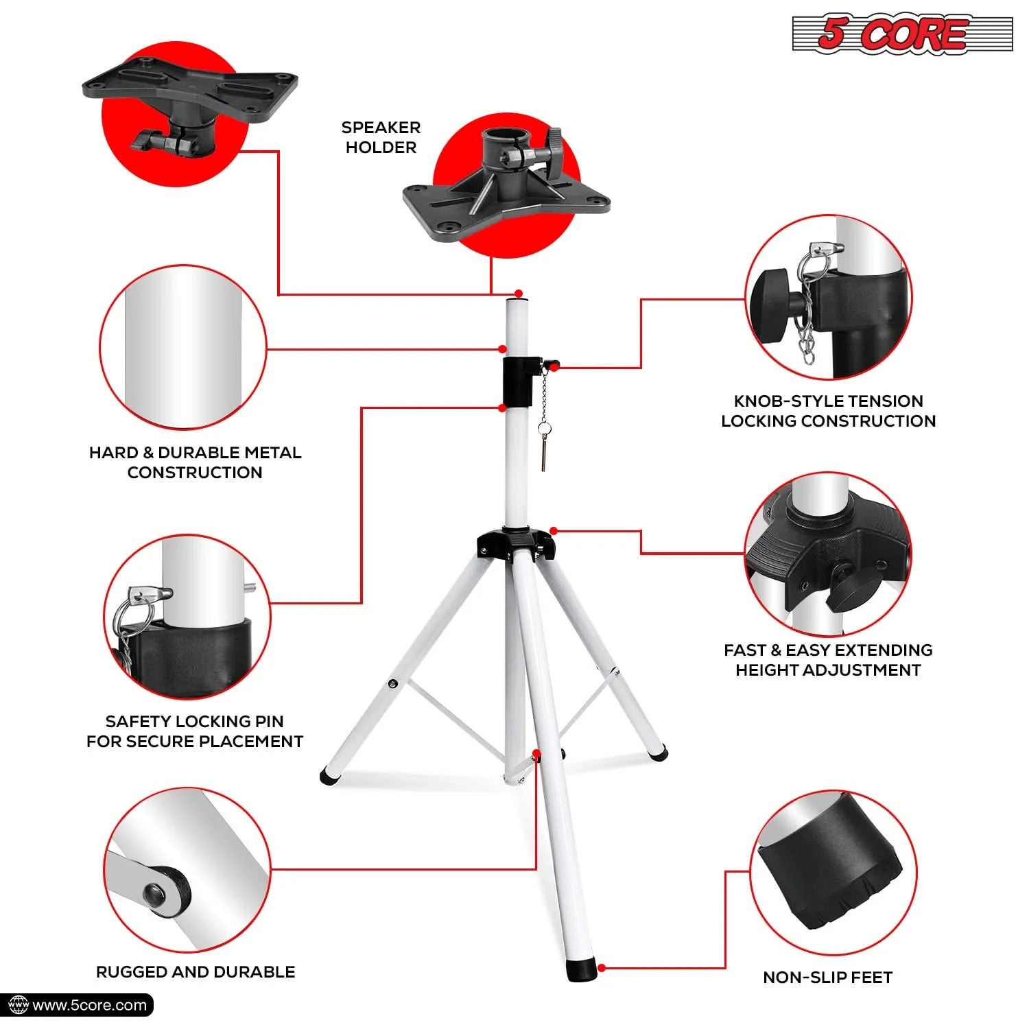 5Core Speaker Stand Tripod Tall Adjustable 72 Inch DJ Pole Mount Studio Monitor Stands WHITE