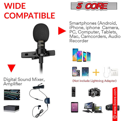 5Core Lavalier Microphone Clip on Professional Grade 3.5Mm Lav Lapel Mic Omnidirectional