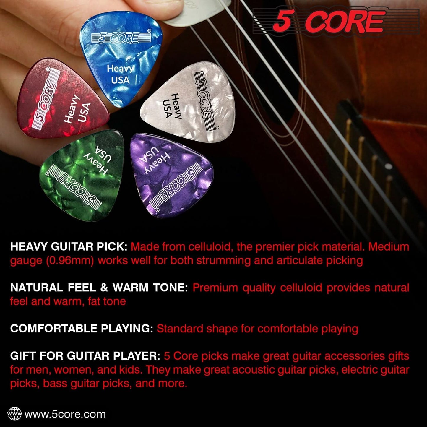 5Core Guitar Picks 0.96Mm Celluloid Heavy Gauge Pick - Acoustic Electric Bass Guitars BLUE