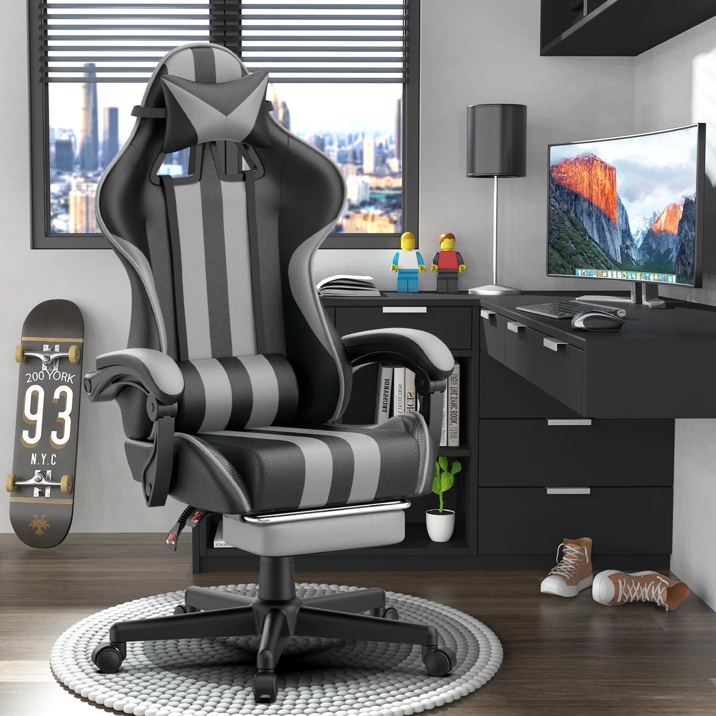 Gaming Chair Office Chair, Massage Game Gamer Chairs with Footrest & Headrest & Lumbar Pillow, Reclining Swivel Leather Chairs, Grey