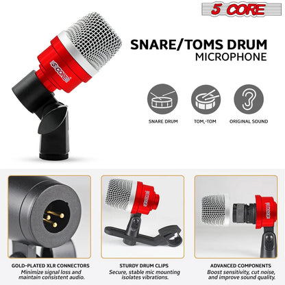 5Core Drum Mic Kit 7 Pcs Kick Basstom Snare Dynamic Microphone Instrument Mics Set Red