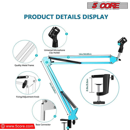 5Core Microphone Boom Arm Desk Mic Stand Adjustable Clamp Suspension Boom Stands BLUE